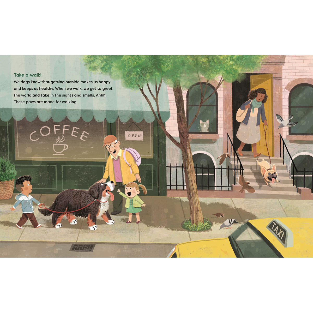 Illustration of a city street scene with people and dogs walking, featuring a coffee shop and taxi.