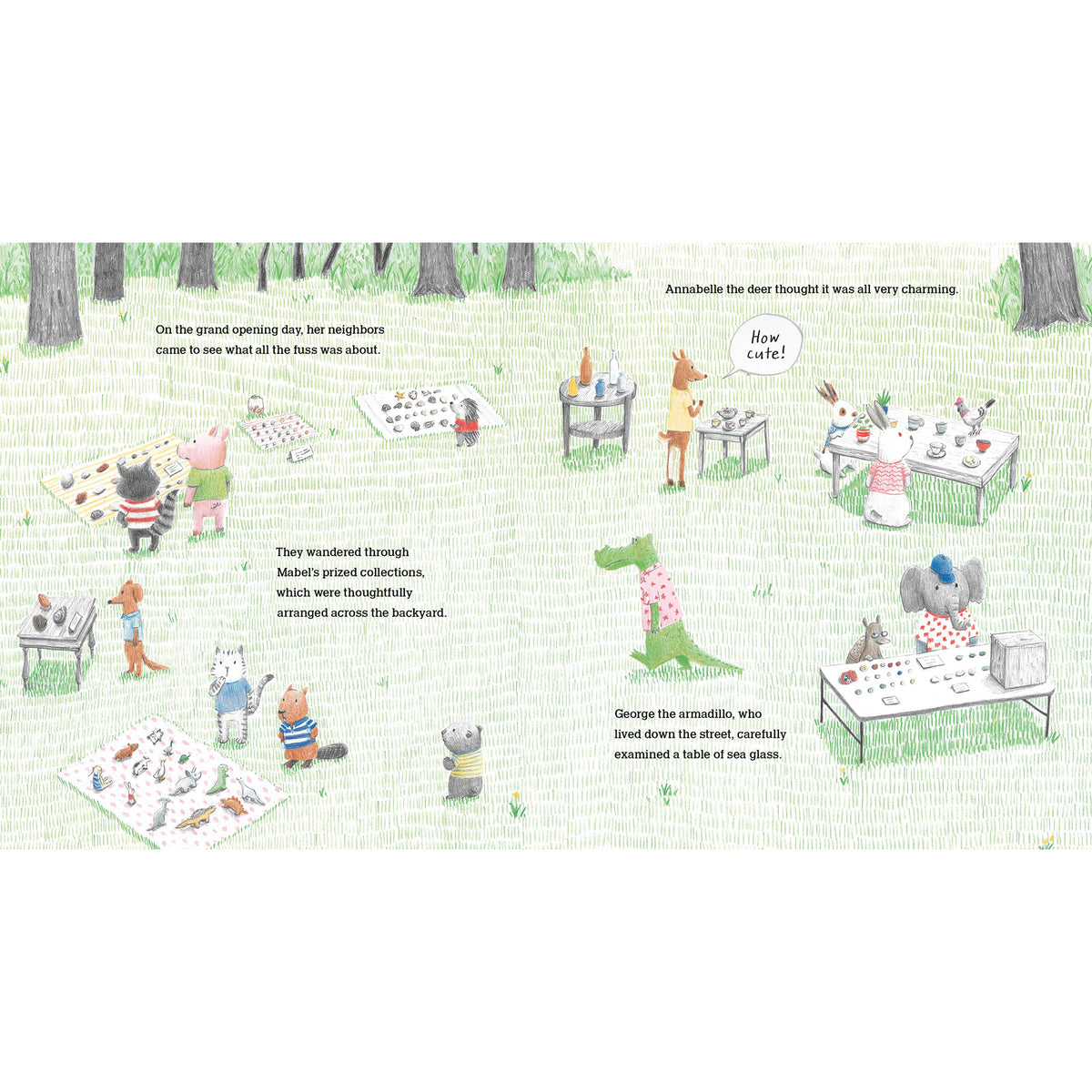 Illustrated children's book page with animal characters in a park setting.