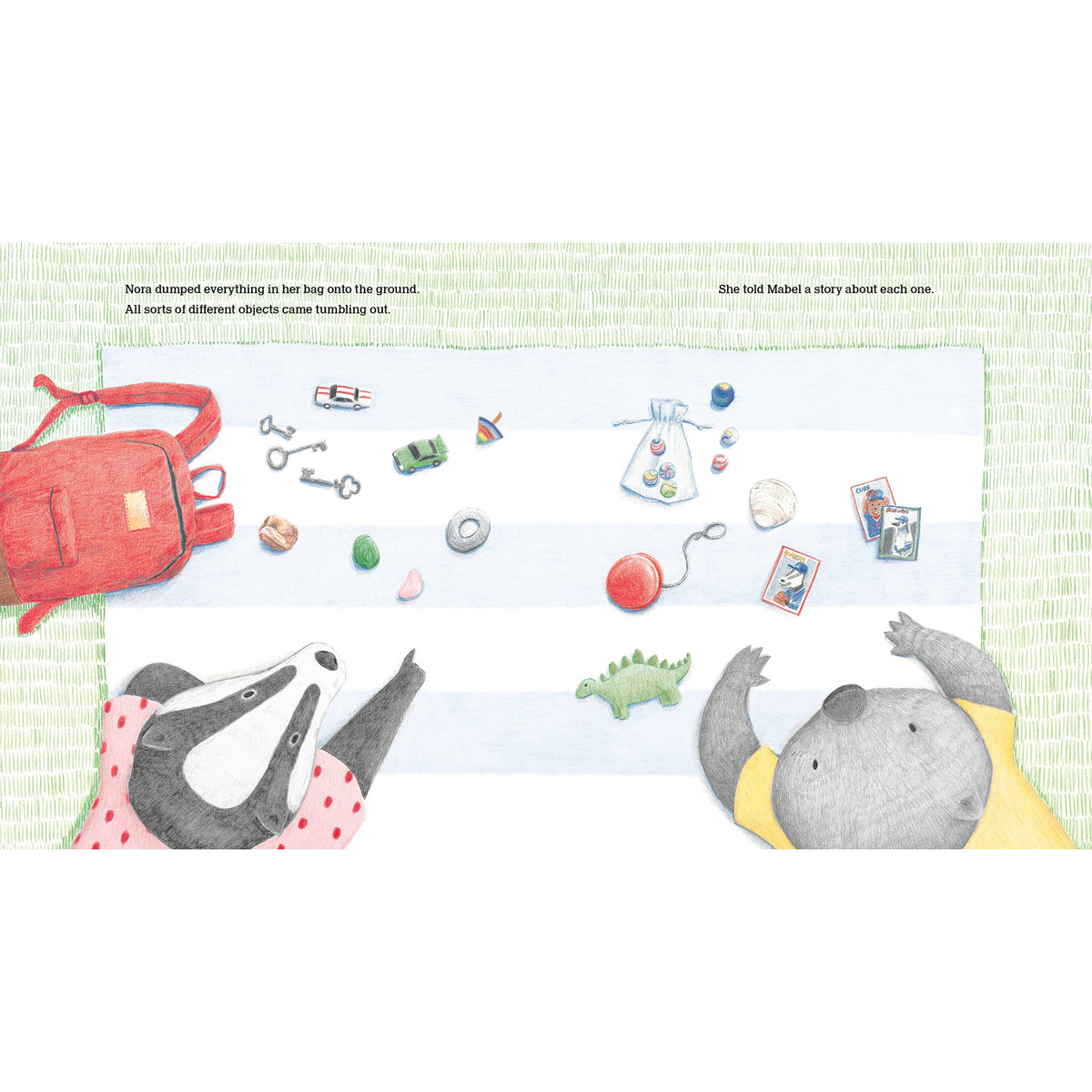 Illustration of two animals with a bag and various objects on a textured surface