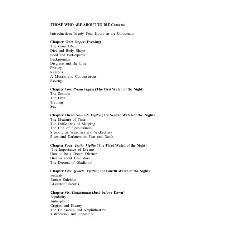 Table of contents for a book titled 'Those Who Are About to Die' with chapter headings.