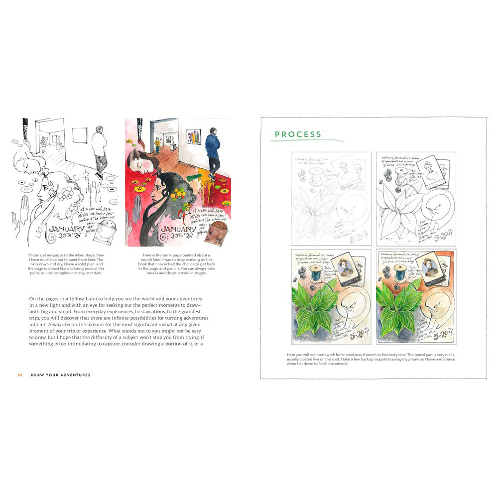 Illustrated pages with comic-style art and text on a white background