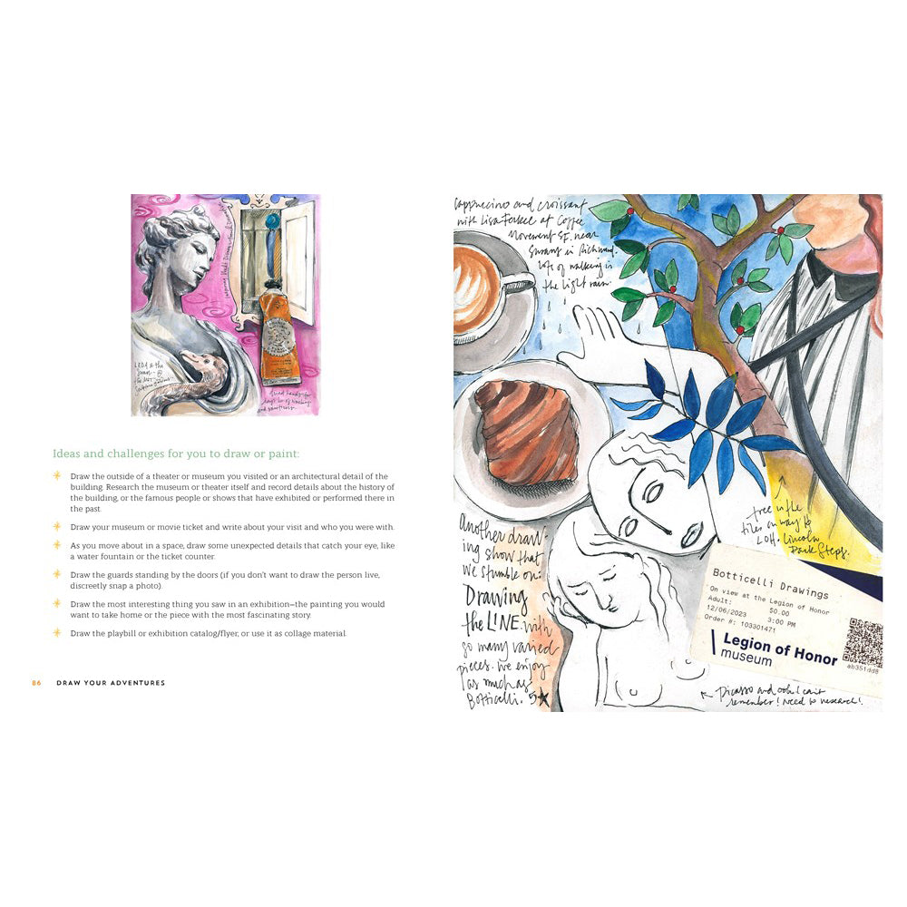 Illustrated page with artistic elements and text on a white background