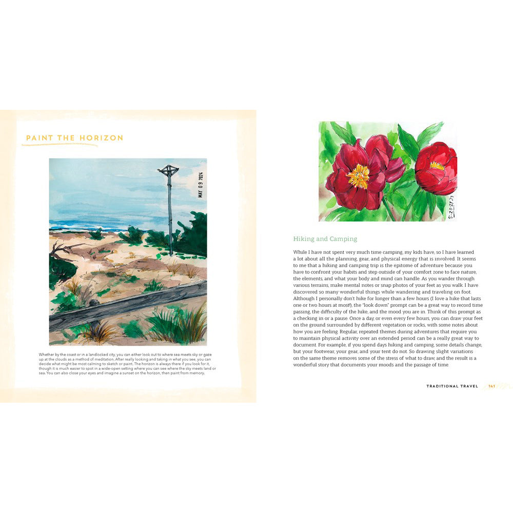 Page from a book with illustrations of a desert landscape and flowers, accompanied by text.
