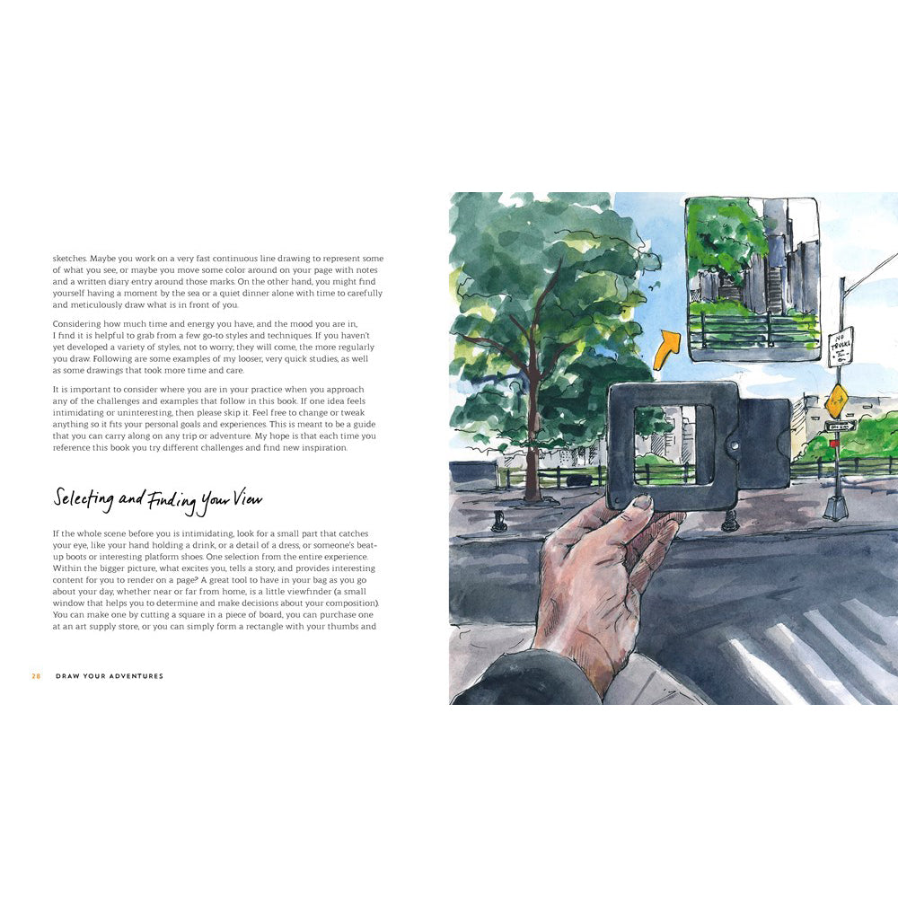 Illustration of a hand holding a camera over a city street to the right of text on a white background