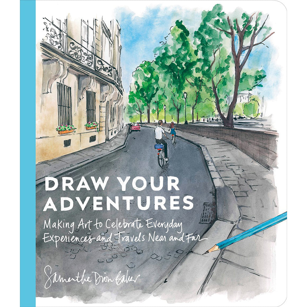 Book cover of 'Draw Your Adventures' with a street scene illustration and a blue pencil.