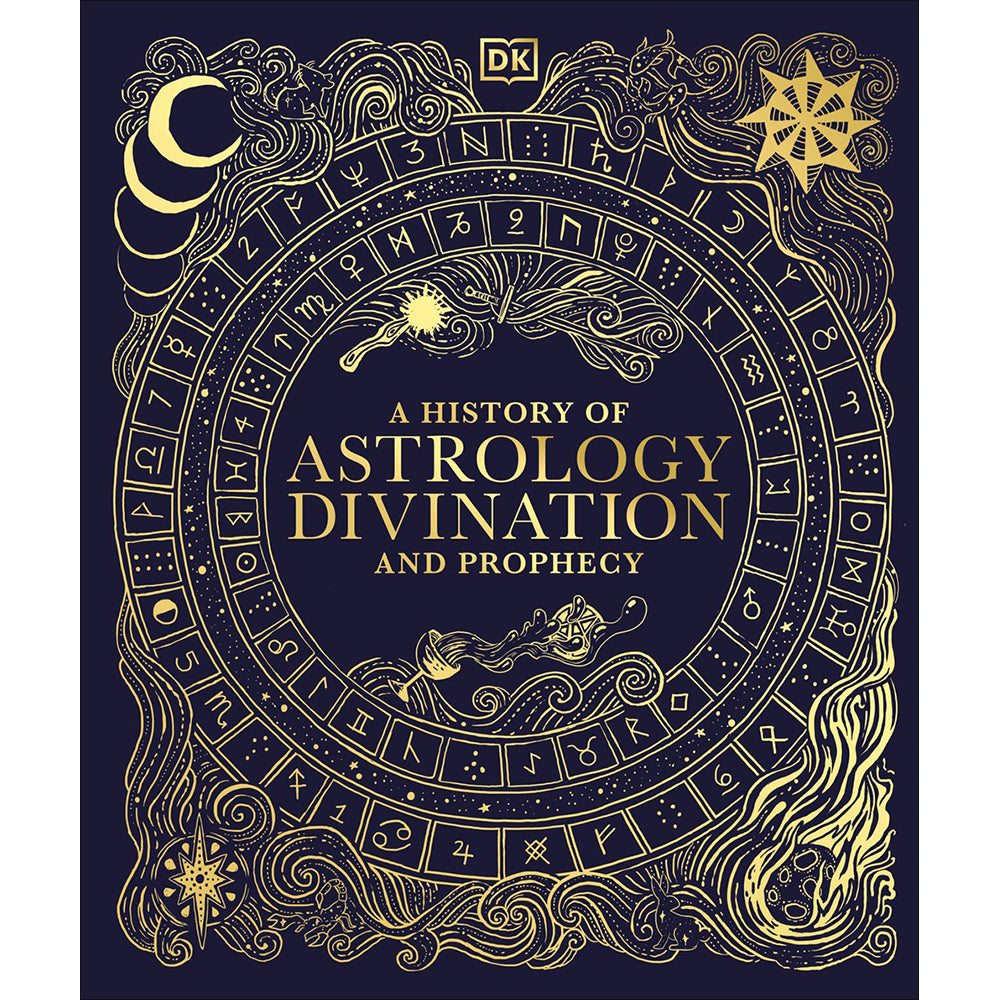 Book cover of 'A History of Astrology, Divination, and Prophecy' with decorative gold designs on a dark background.