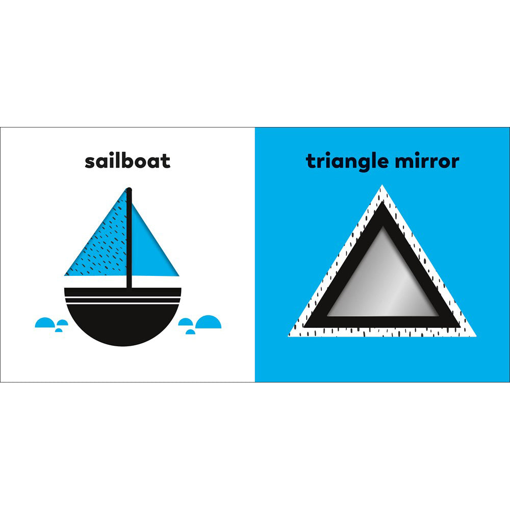 Illustration of a sailboat and triangle mirror on a white background with blue accents.