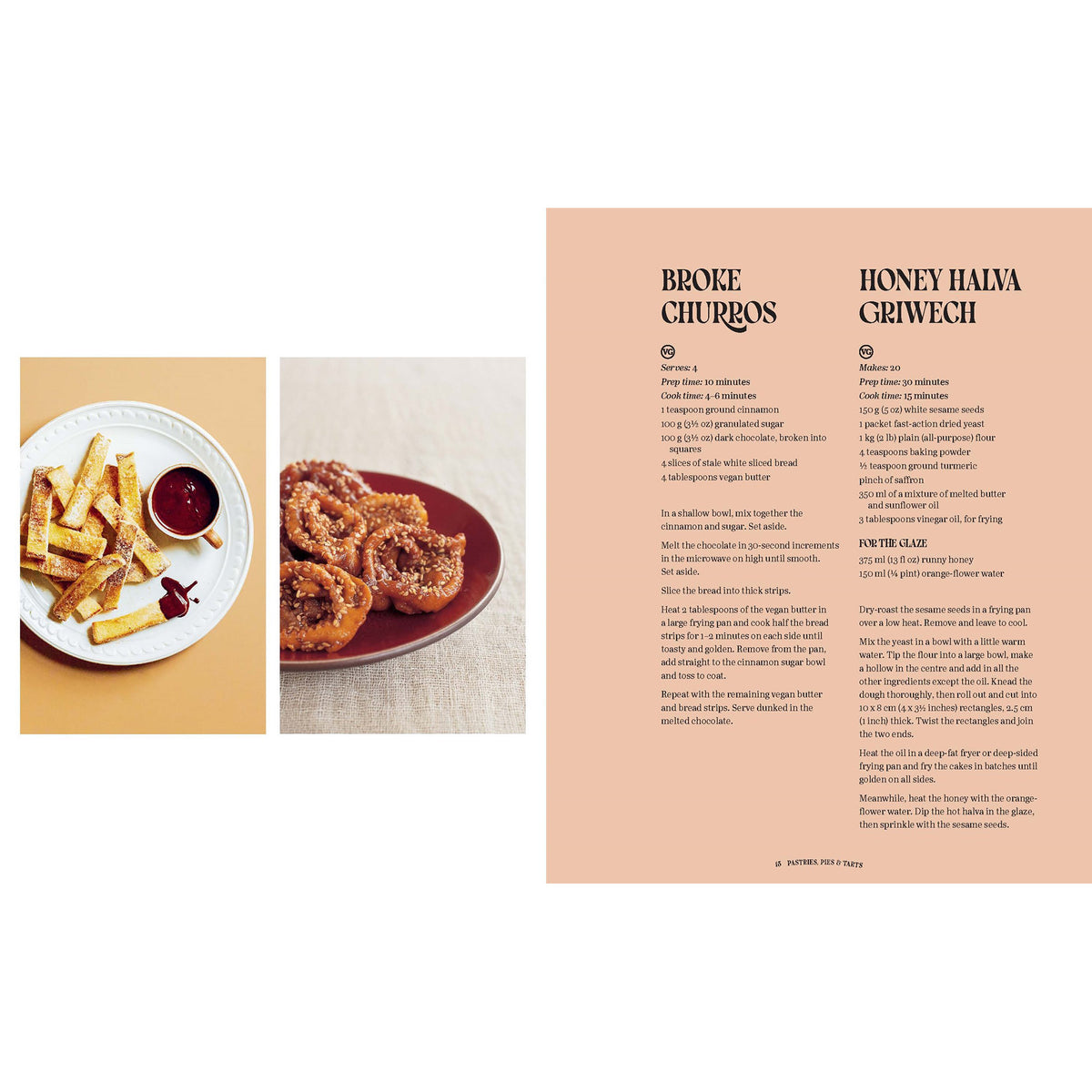 A recipe booklet or cookbook spread shown on a white background, with two inset food photos on the left and a peach-colored page with recipe text on the right. The visible headings include 'BROKE CHURCS' and 'HONEY HALA GRIWECH'.