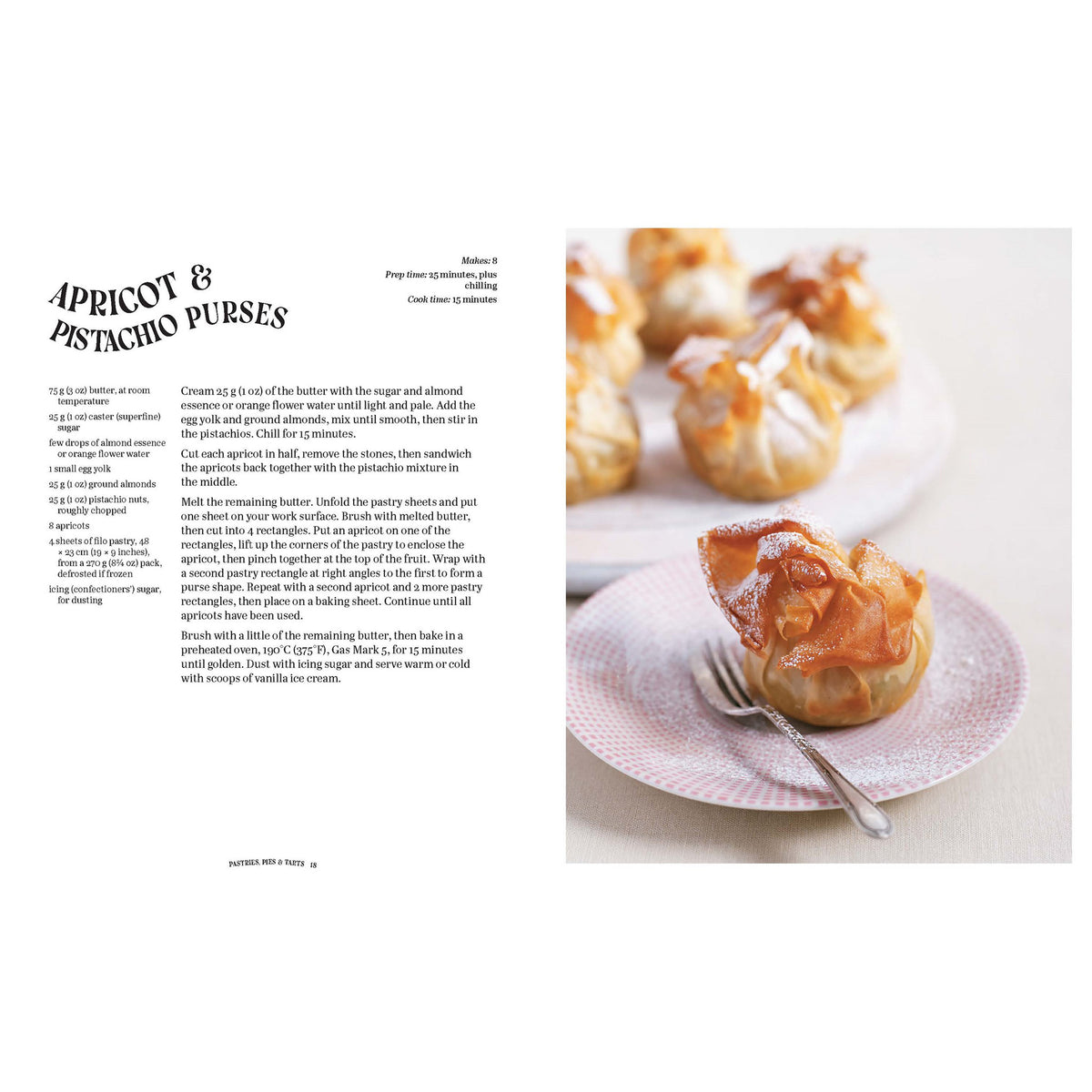 A printed recipe page featuring the title 'Apricot & Pistachio Purses' with text on the left and a food photograph on the right showing glazed apricot and pistachio pastries on a pink plate.