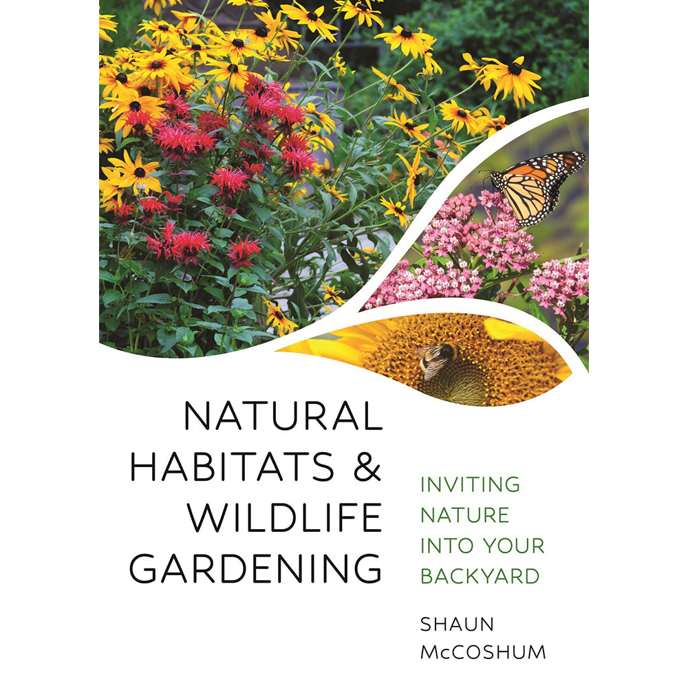 Book cover of 'Natural Habitats & Wildlife Gardening' with images of flowers and a butterfly.