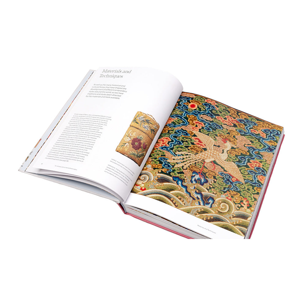 Book cover of 'The Atlas of World Embroidery' with floral design and text.