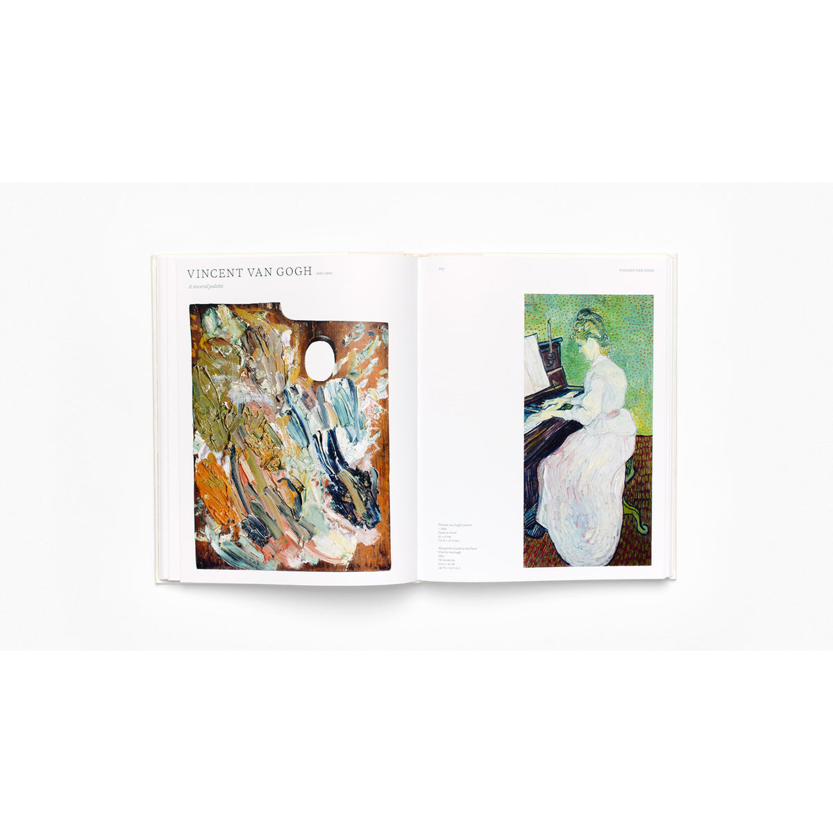 Open book displaying two Vincent van Gogh paintings on a white background
