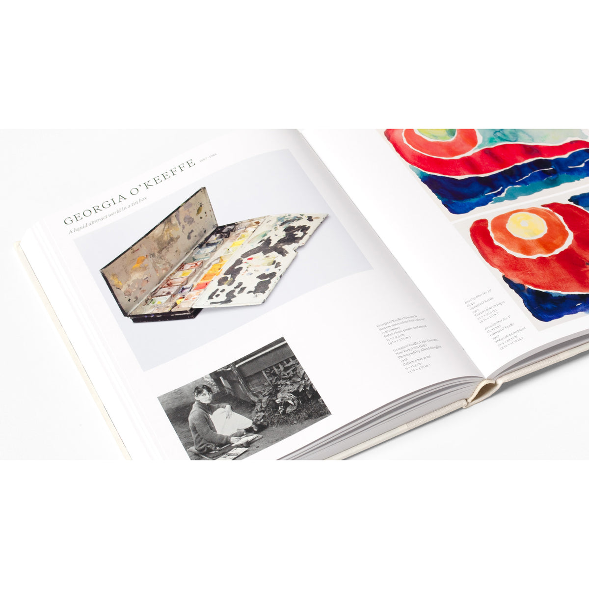 Open book with artistic illustrations and text on a white background