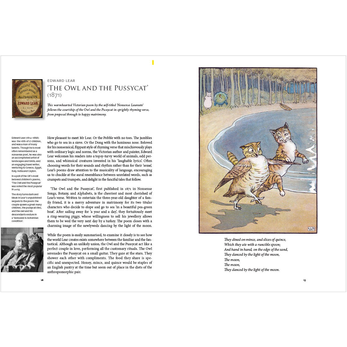 Illustration of 'The Owl and the Pussycat' by Edward Lear with text on a white background