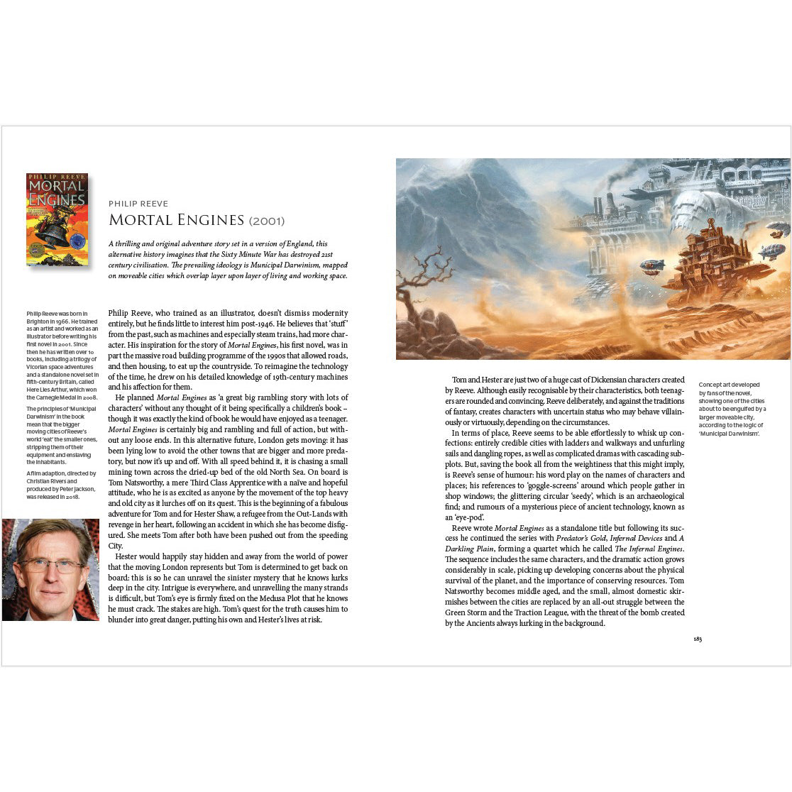 Book page with text and illustration of a dystopian landscape