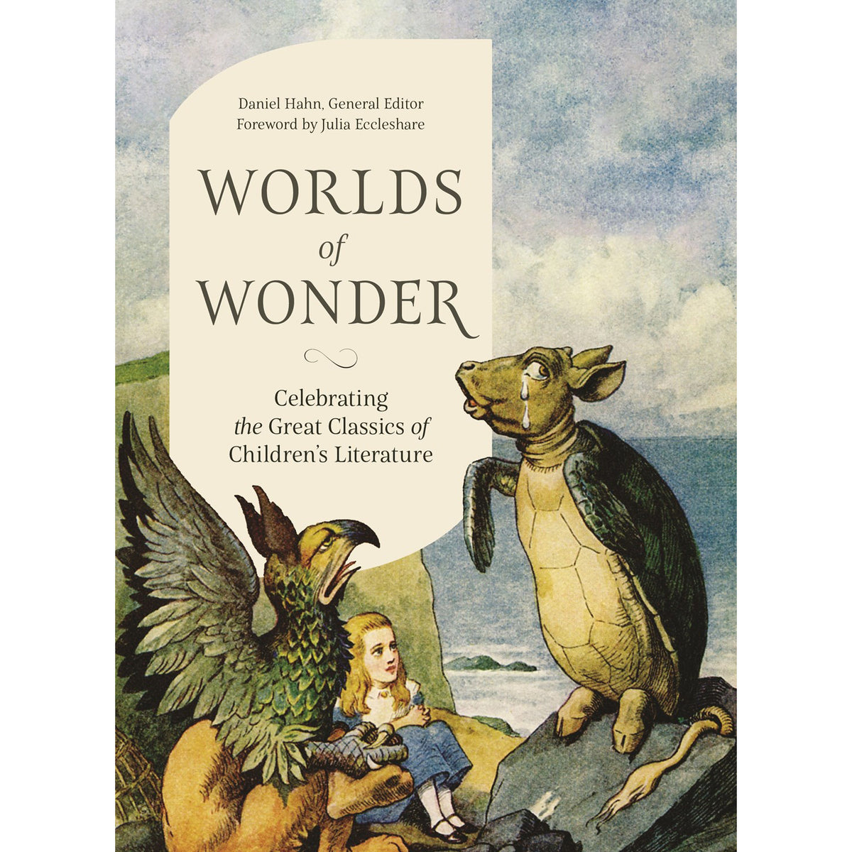 Book cover of 'Worlds of Wonder' with fantasy creatures and a child on a cliff.