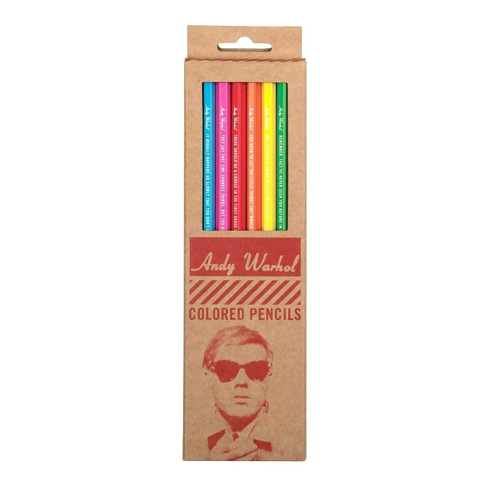 A package of Andy Warhol colored pencils with eight vibrant colors, each pencil featuring a quote from the artist. The packaging has a portrait of Andy Warhol wearing sunglasses.