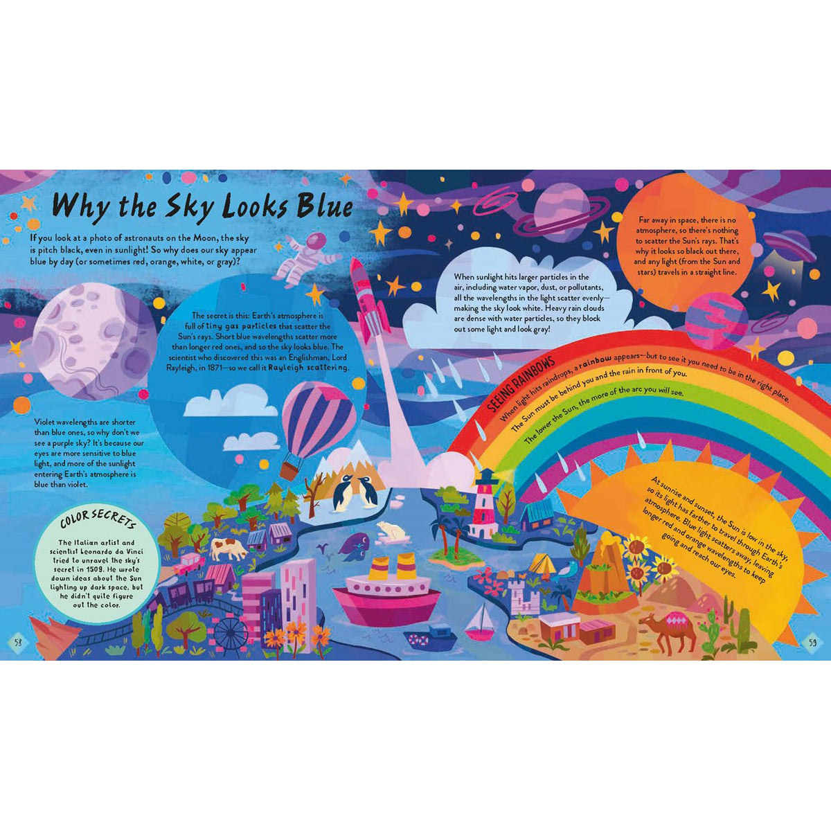 Illustrated book page explaining why the sky looks blue with colorful illustrations and text.