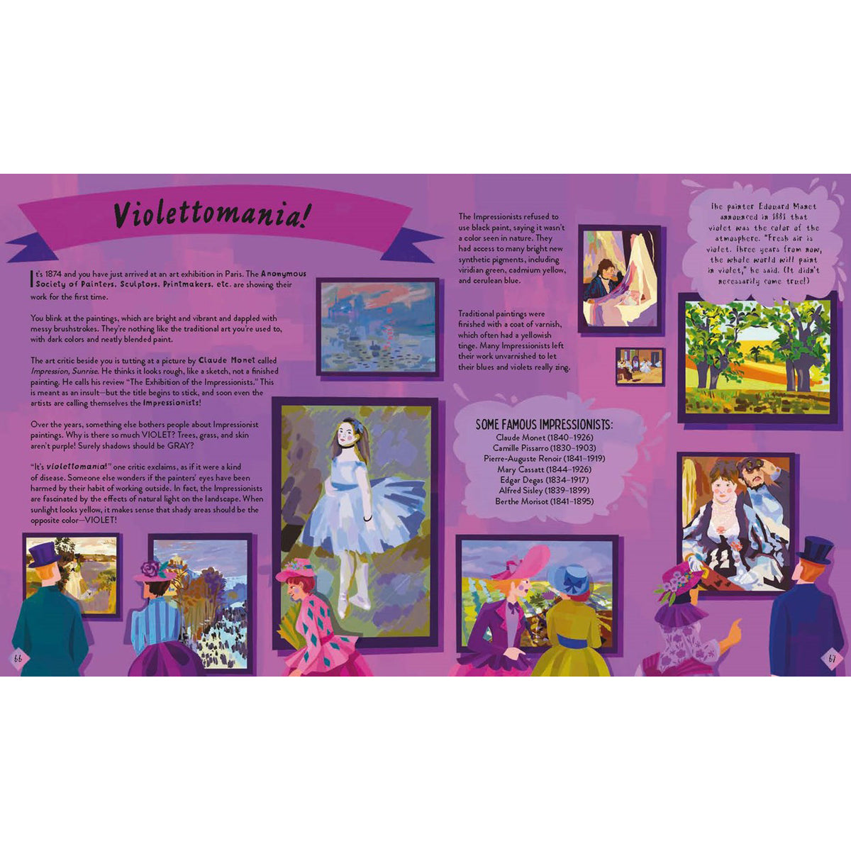 Illustrated page with various artworks and text on a purple background