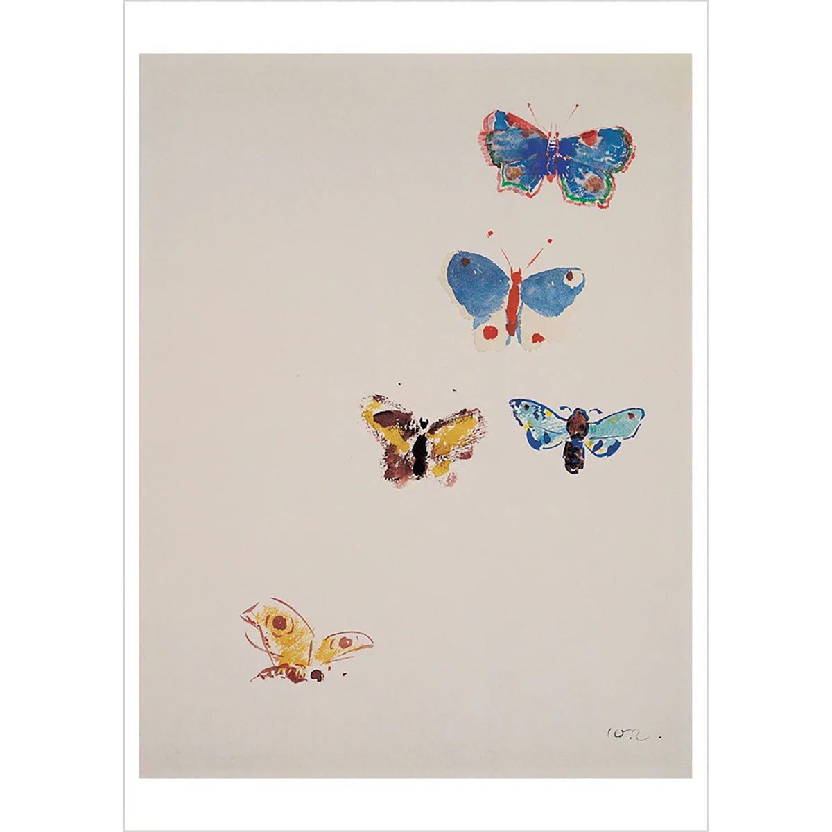 A watercolor art print depicting five colorful butterflies on a warm beige background, presented with a white border.