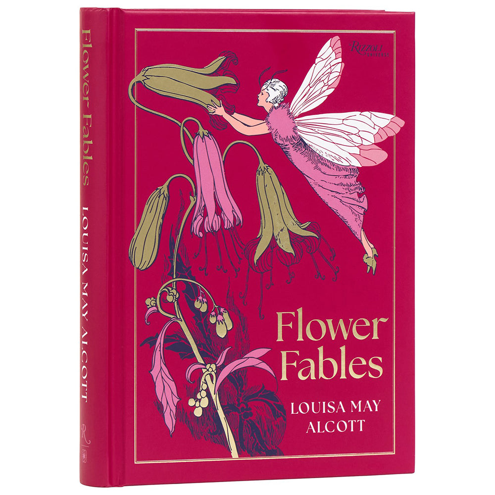 Book cover of 'Flower Fables' by Louisa May Alcott with a fairy and floral design on a red background.