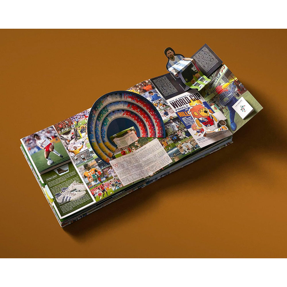 Open book with colorful illustrations and text on a brown background