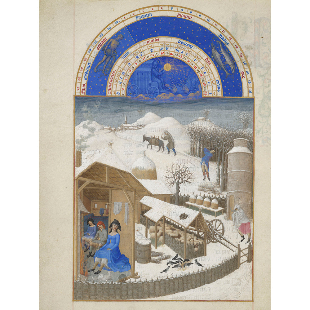 Book cover of 'The Très Riches Heures of Jean, Duke of Berry' with illustration on blue background
