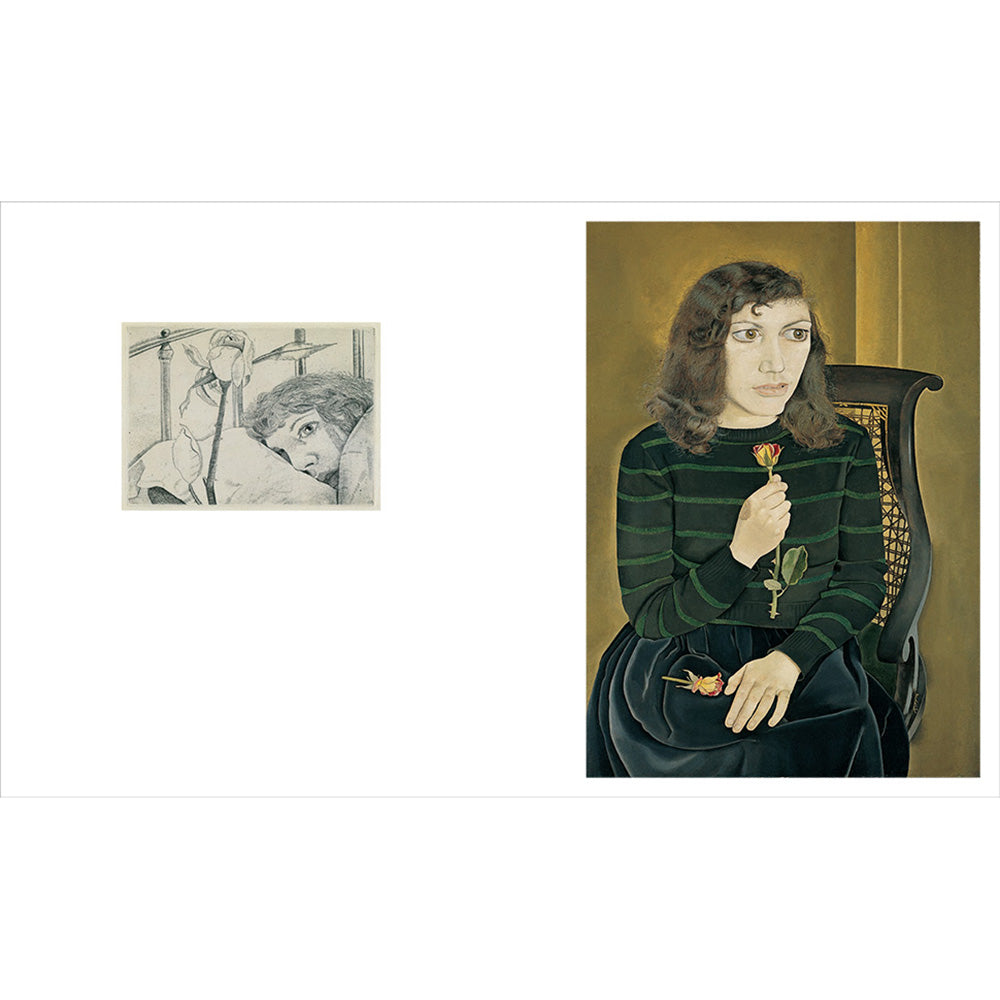 Interior book page shown against a white background, featuring a large portrait on the right of a seated woman in a dark striped sweater holding a rose, and a smaller sketch-like inset on the left.