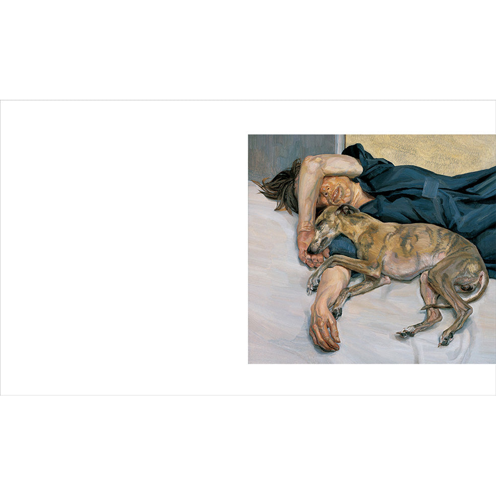Interior art book page featuring a painting of a person lying on a bed with a dog, shown against a white background.