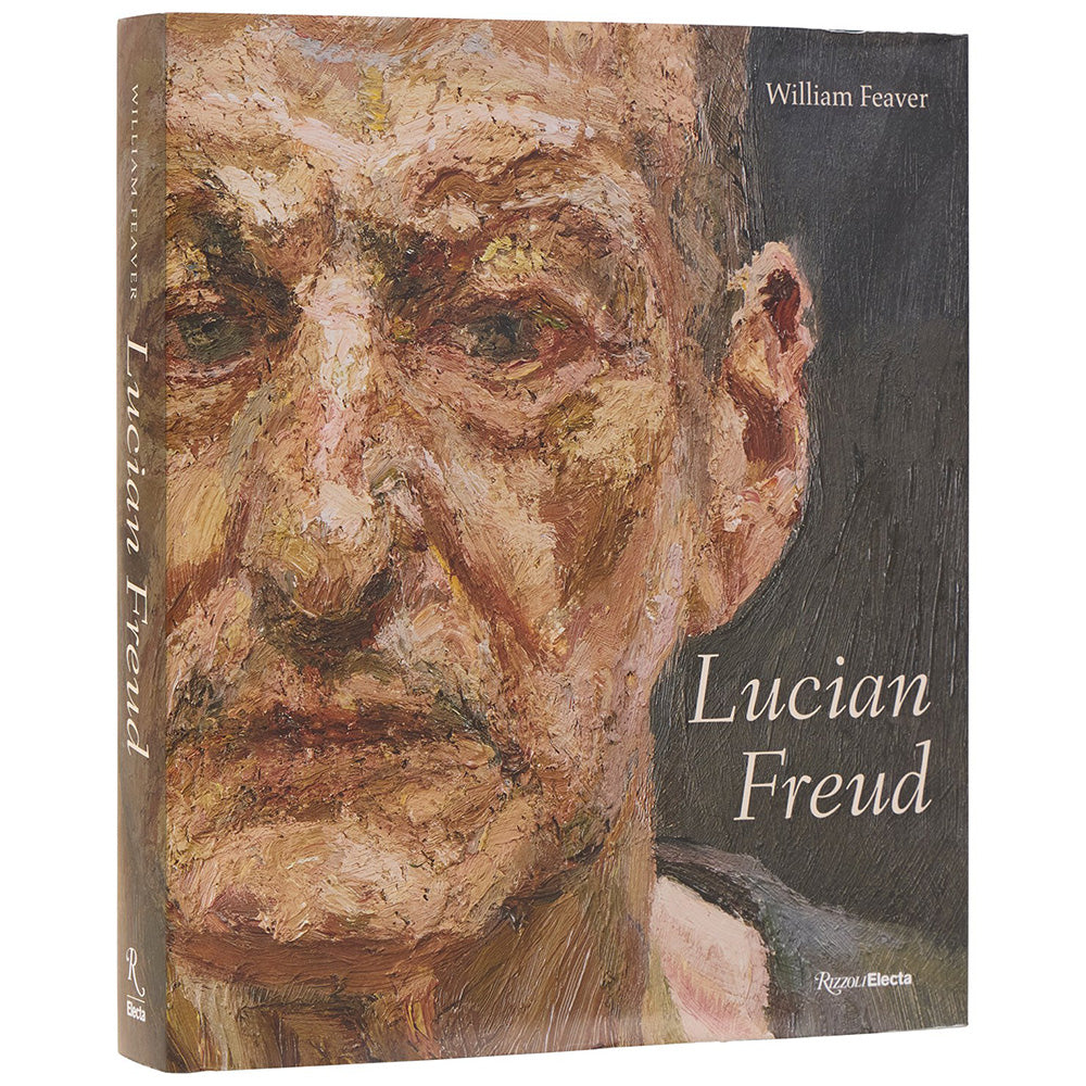 The book cover of 'Lucian Freud' by William Feaver, published by Royal Media. The cover features a textured, painterly portrait of a man's face in earthy tones of brown, beige, and black, with the title and author name printed in white.
