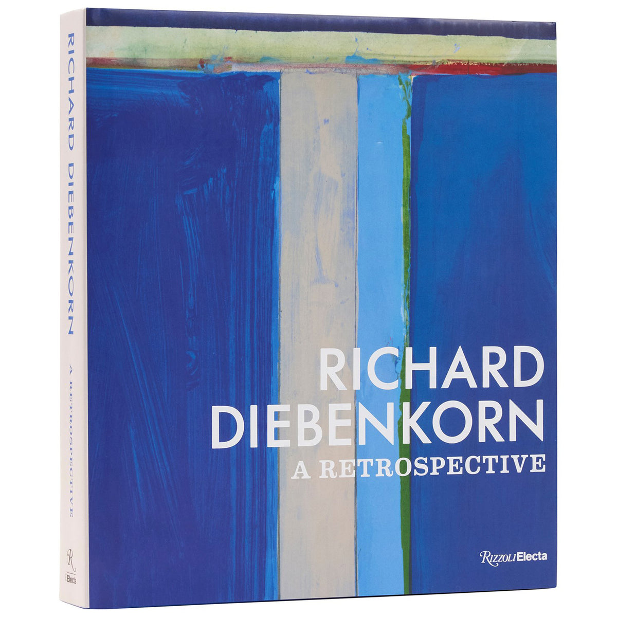 The book cover of 'Richard Diebenkorn: A Retrospective' by Regina Eberta, featuring an abstract painting with vertical brushstrokes in blue, white, and light blue, with the title in bold white text.