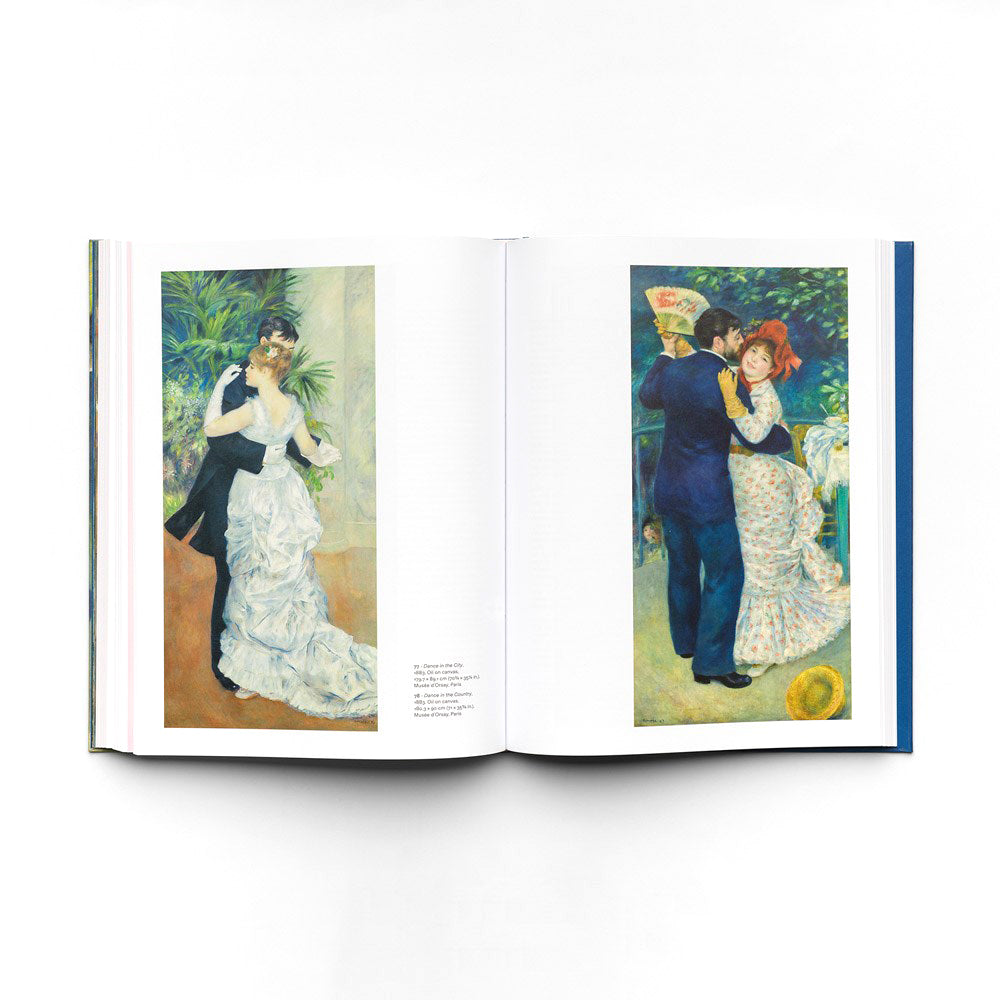 An open book displaying two classical art prints side by side, featuring a woman in a white gown on the left and a couple embracing on the right, set against a clean white background.