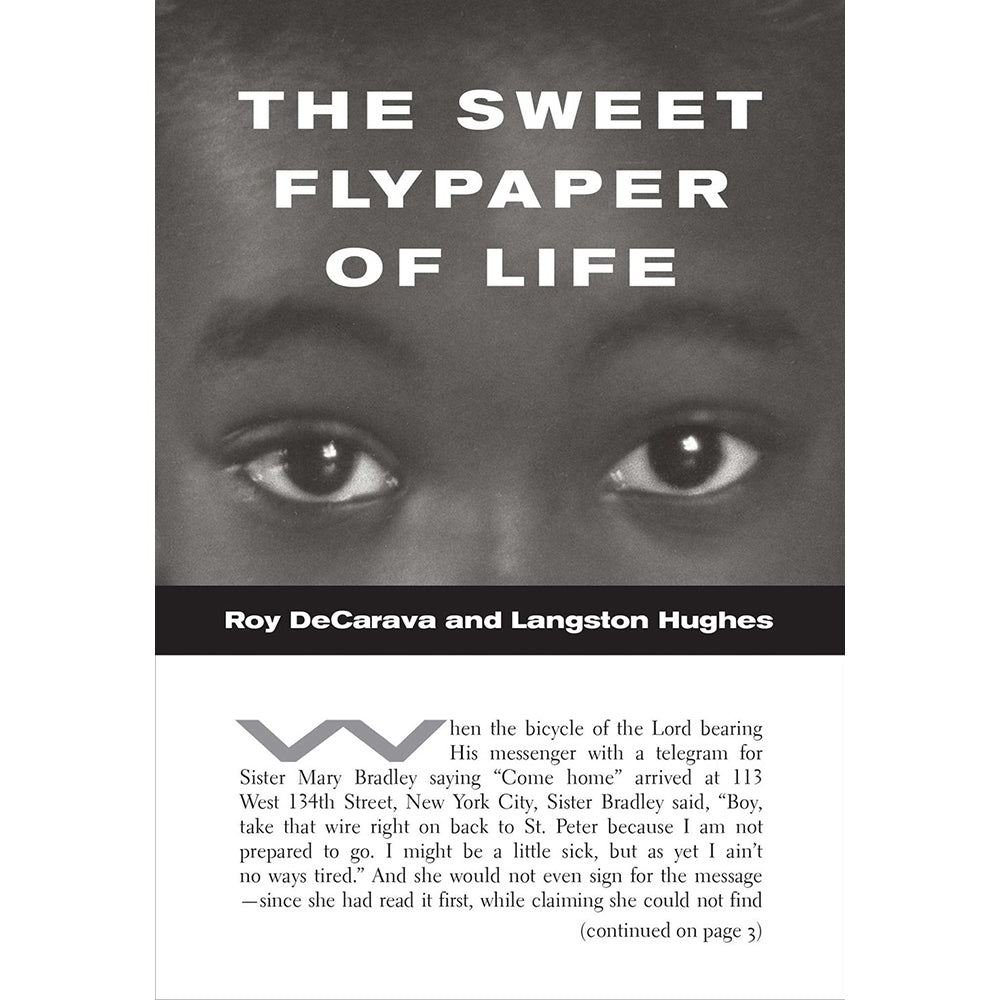 Book cover of 'The Sweet Flypaper of Life' by Roy DeCarava and Langston Hughes with a close-up of a child's eyes.