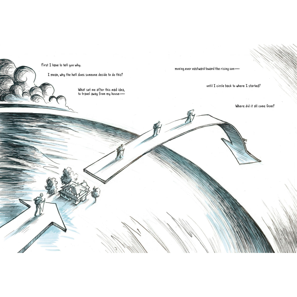 A black and white hand-drawn illustration with text, showing a bridge-like path crossing a large body of water, with small human figures and a small vehicle. The artwork appears to be the product itself rather than an instructional or measurement graphic.