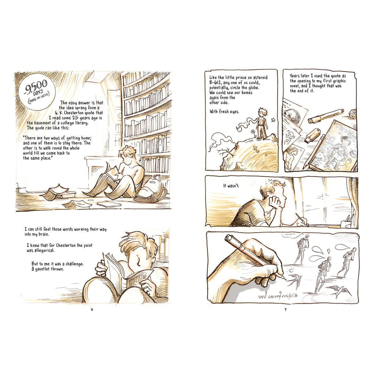 A two-page comic book spread with black ink illustrations and printed text. The left page shows a library scene with a seated figure, shelves, and handwritten notes; the right page shows a multi-panel sequence with a man reading, a figure in a hat, and a small action panel near the bottom.