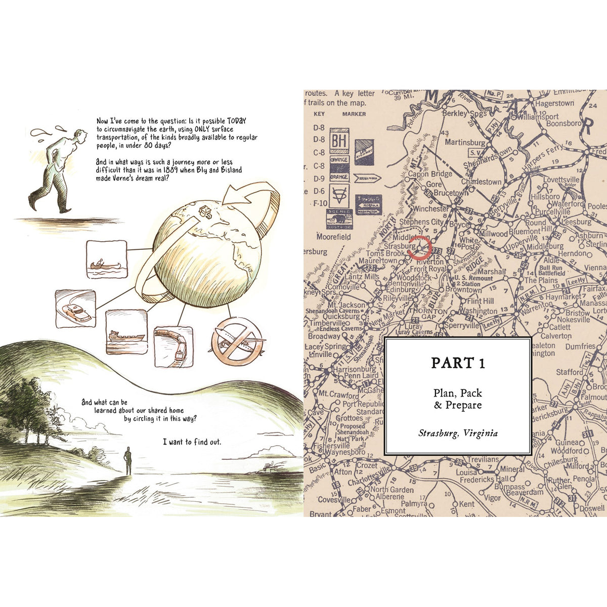 A vintage-style educational poster or booklet page with illustrated diagrams on the left and a detailed map labeled 'PART 1 Plan, Pack & Prepare Strasburg, Virginia' on the right.