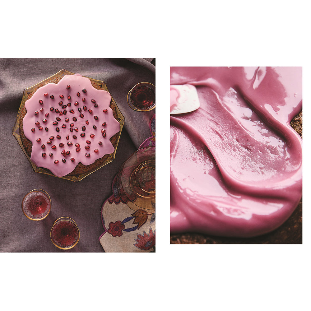 A split-panel food presentation showing a pink dessert or spread topped with pomegranate seeds on the left, and a close-up of thick pink spread on bread on the right, styled with small glasses on a draped fabric surface.