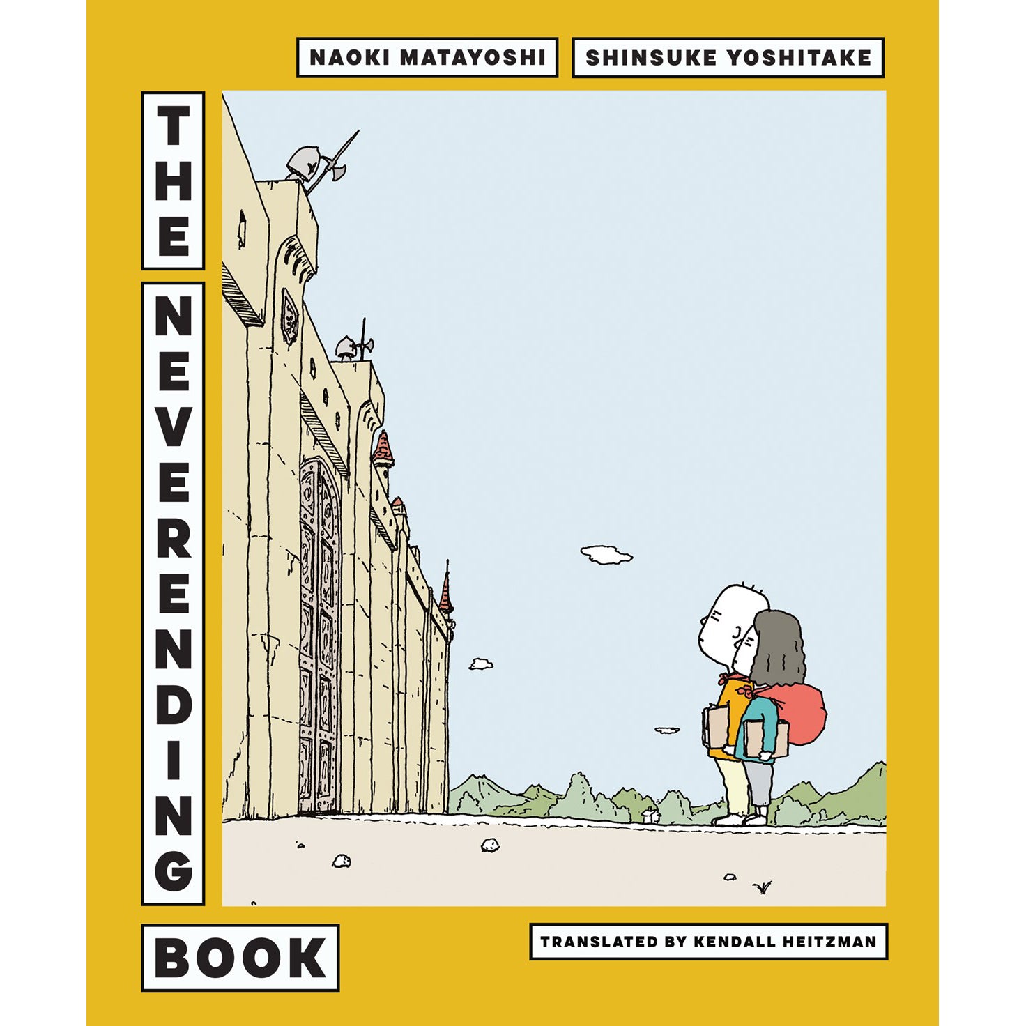 Book cover of 'The Neverending Book' with a yellow border, illustration of two characters, and building.