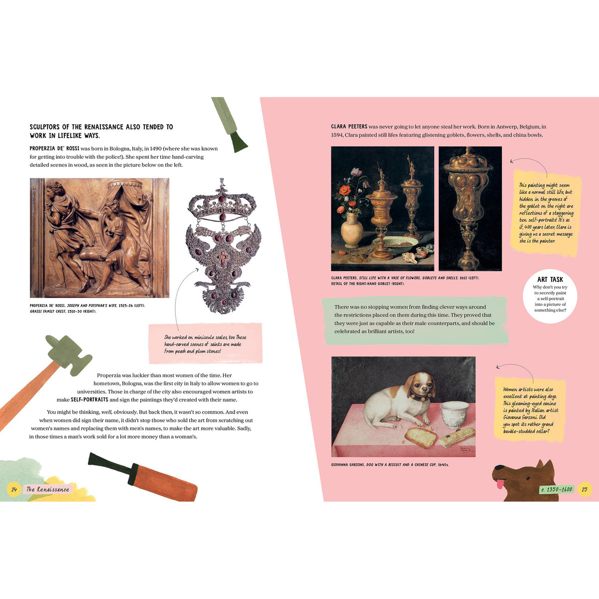 An open book spread showing pages about Renaissance sculpture and painting, with text, small photos, and decorative illustrations. The left page is mostly white with a large green chisel graphic and a bronze sculpture photo; the right page is pink with a gold vase photo, a painting photo, and a small 'Add Tea' panel.