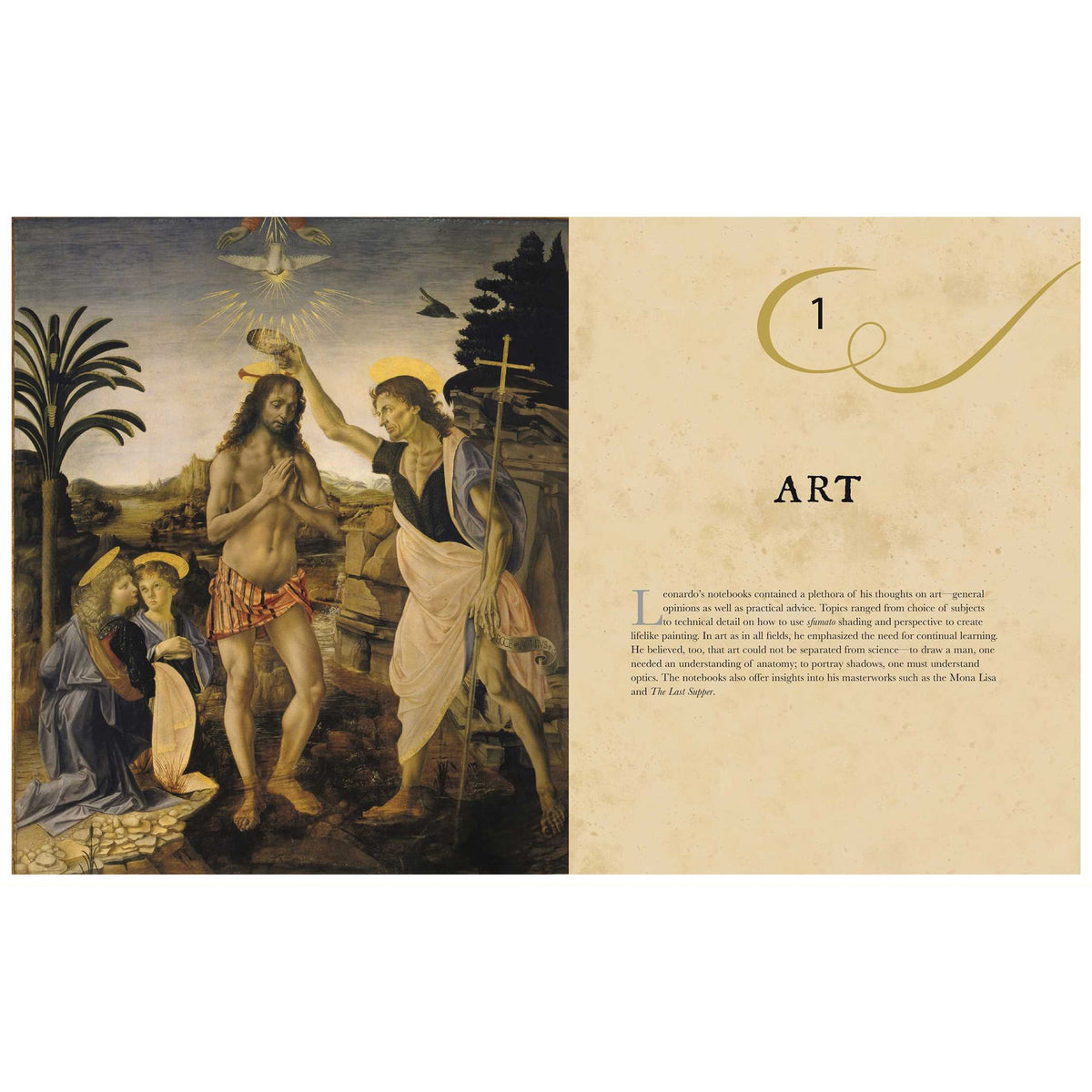 Chapter 1 page titled 'Art' next to a holy painting in the book The Genius of Leonardo Da Vinci