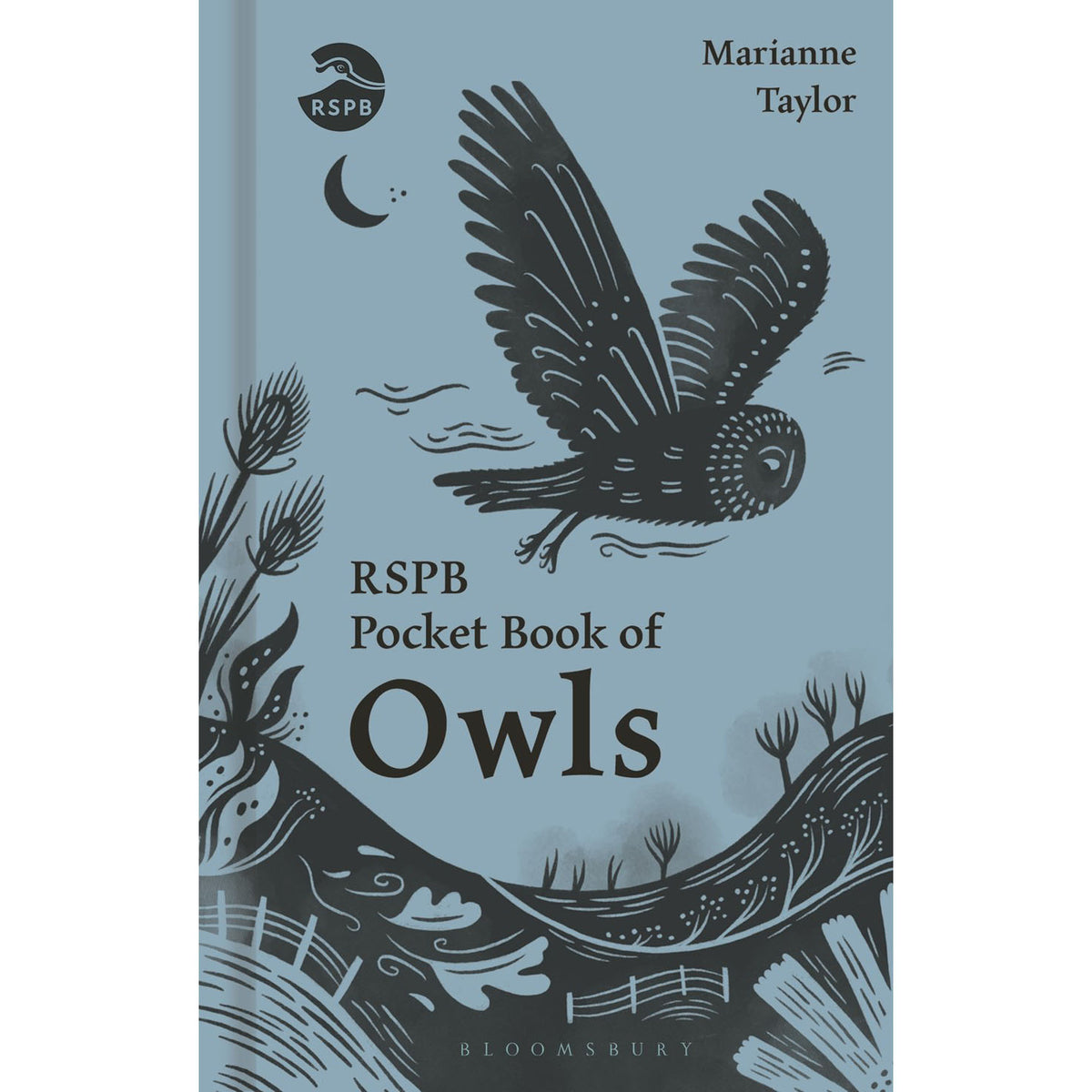 Book cover of 'RSPB Pocket Book of Owls' with an illustration of an owl on a blue background.