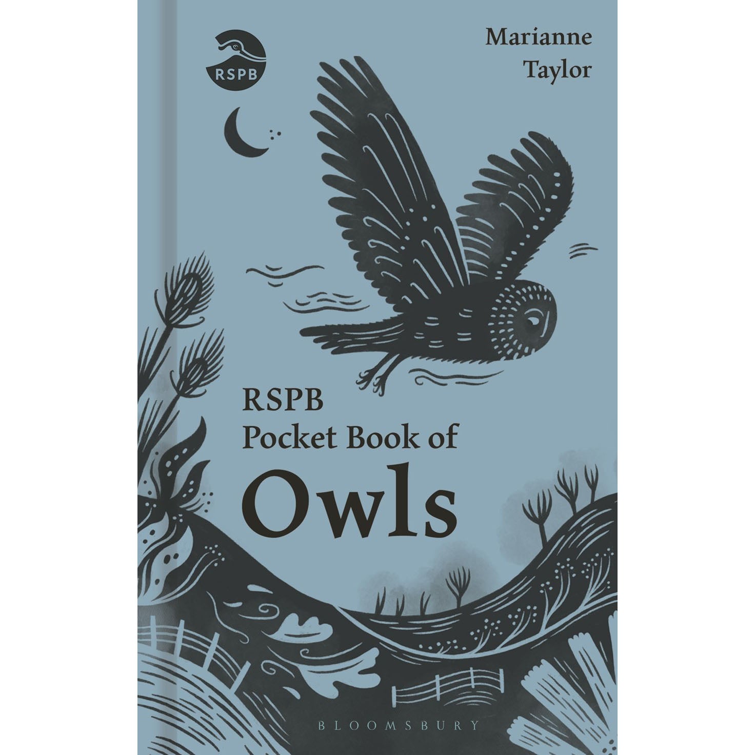 Book cover of 'RSPB Pocket Book of Owls' with an illustration of an owl on a blue background.