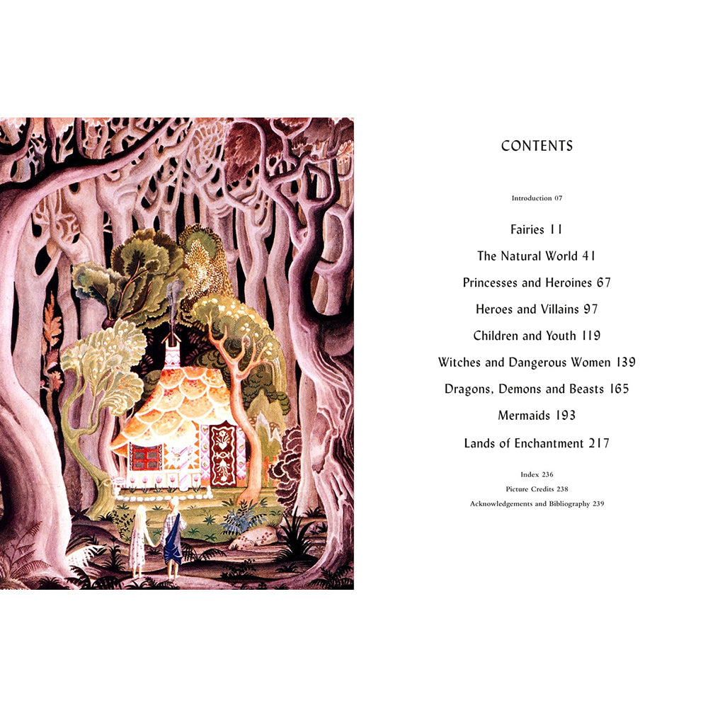 A book table of contents page showing a fantasy forest illustration on the left and a printed contents page on the right, with the title 'CONTENTS' and chapter/section headings listed in black text on a white background.