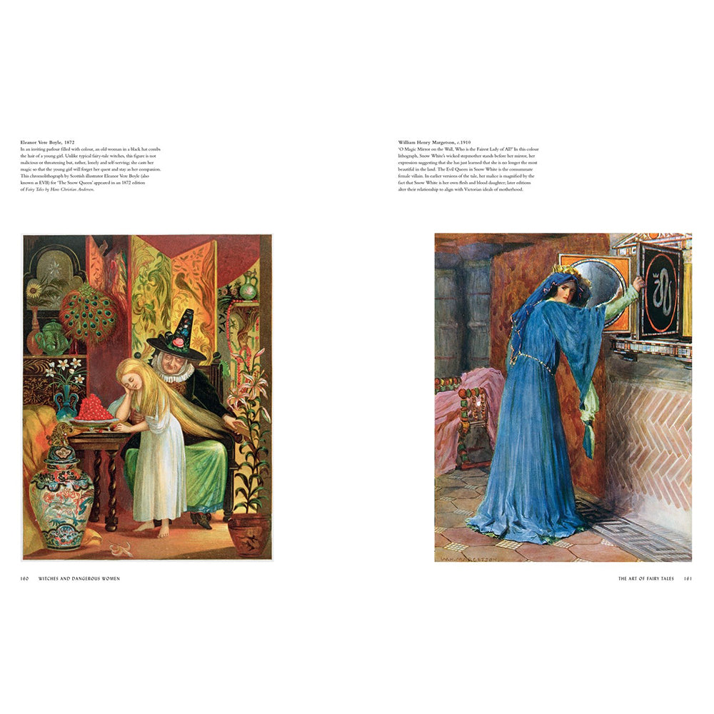A two-page spread from a book showing vintage illustrated artworks with printed captions. The left page features a warm-toned painting of a woman in a white dress and a man in a green coat in an ornate interior, with text above and below.