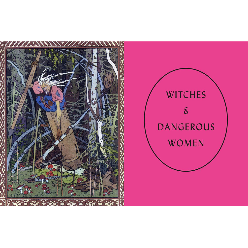 Two page book spread with text 'Witches & Dangerous Women' featuring a vibrant pink background on the right with black text inside a circle, and a detailed vintage-style illustration of a witch on a ladder on the left.