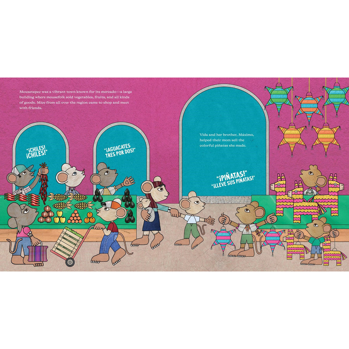 Illustration of cartoon mice in a store with colorful decorations and signs.