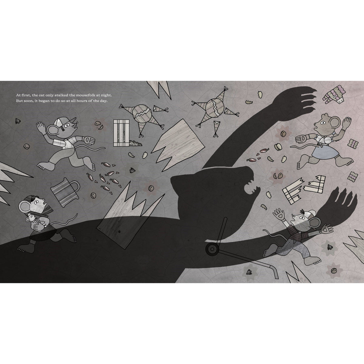 Illustration of a large shadowy figure chasing small figures on a textured background