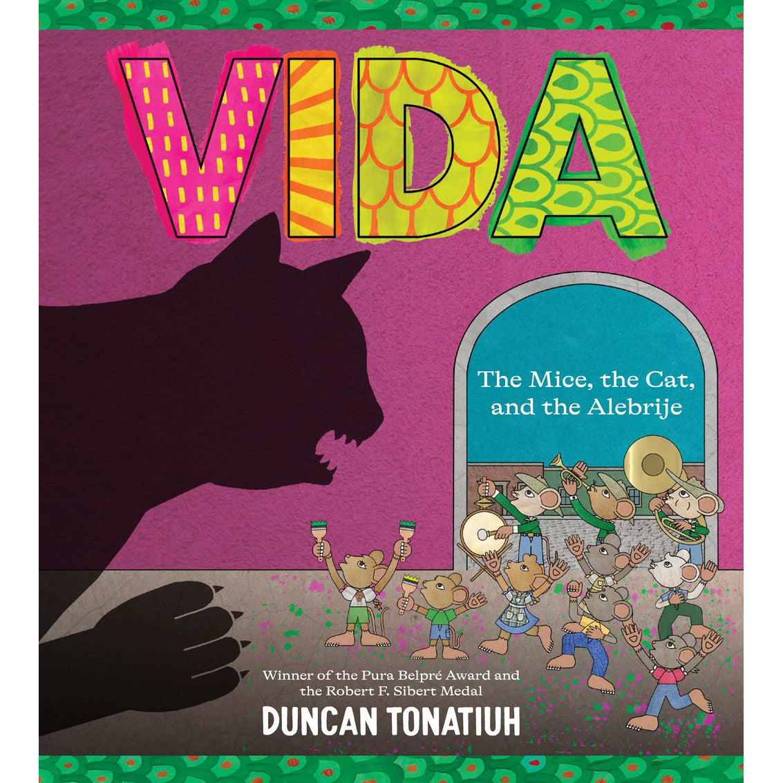 Book cover of 'Vida: The Mice, the Cat, and the Alebrije' with colorful text and illustration.