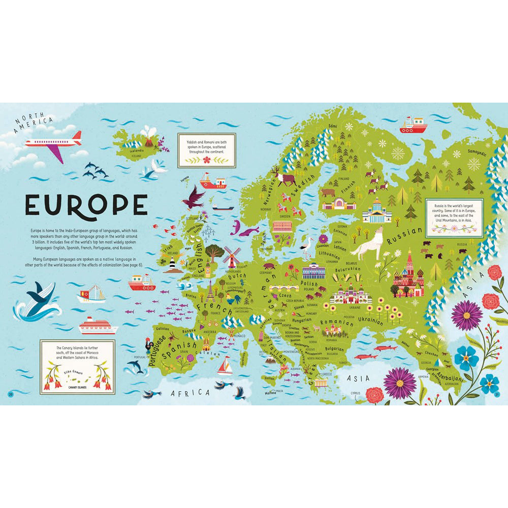 Book cover of 'The Atlas of Languages' with a world map and various languages depicted on leaves with illustrations representing each language