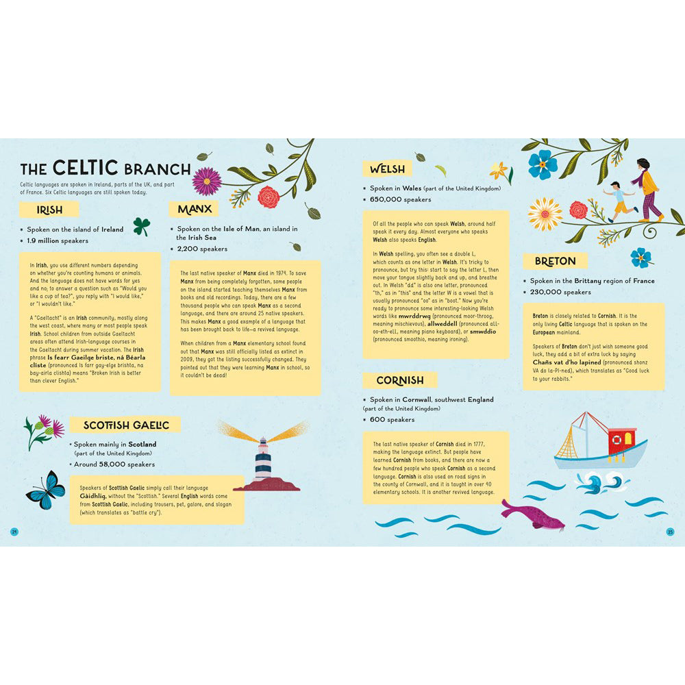 Educational graphic about the Celtic branch of languages with colorful illustrations and text.